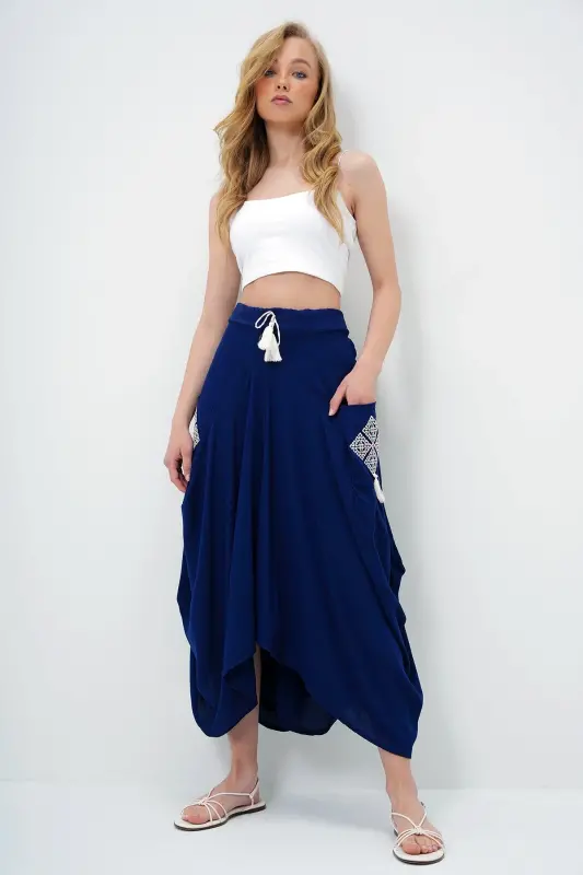 Women's Navy Embroidered Double Pocket Palazzo Cut Woven Skirt ALC-X11801 - 5