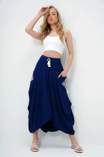 Women's Navy Embroidered Double Pocket Palazzo Cut Woven Skirt ALC-X11801 - 7