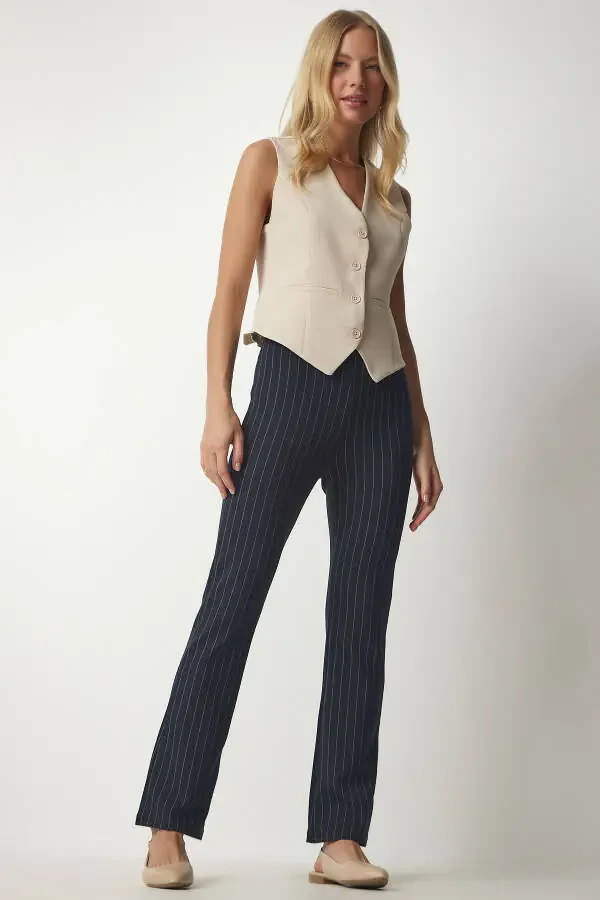 Women's Navy Fine Striped Relaxed Trousers ub00138 - 2