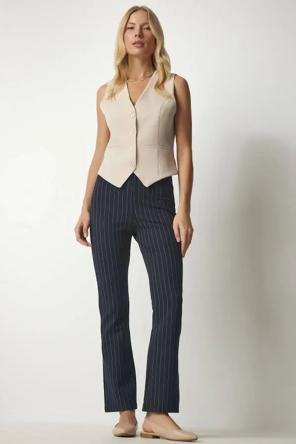 Women's Navy Fine Striped Relaxed Trousers ub00138 - 3