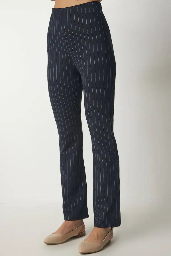 Women's Navy Fine Striped Relaxed Trousers ub00138 - 4