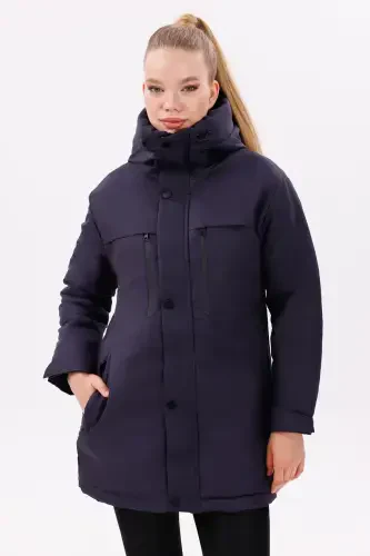 Women's Navy Fleece Furry Waterproof and Windproof Hooded Winter Coat & Jacket & Parka-Navy - 1
