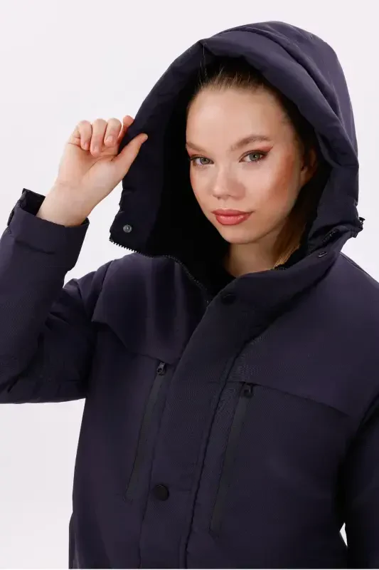 Women's Navy Fleece Furry Waterproof and Windproof Hooded Winter Coat & Jacket & Parka-Navy - 3