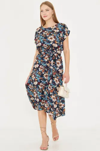 Women's Navy Floral Elastic Waist Tie Detailed Patterned Dress ARM-22Y001044-Navy Floral - 3