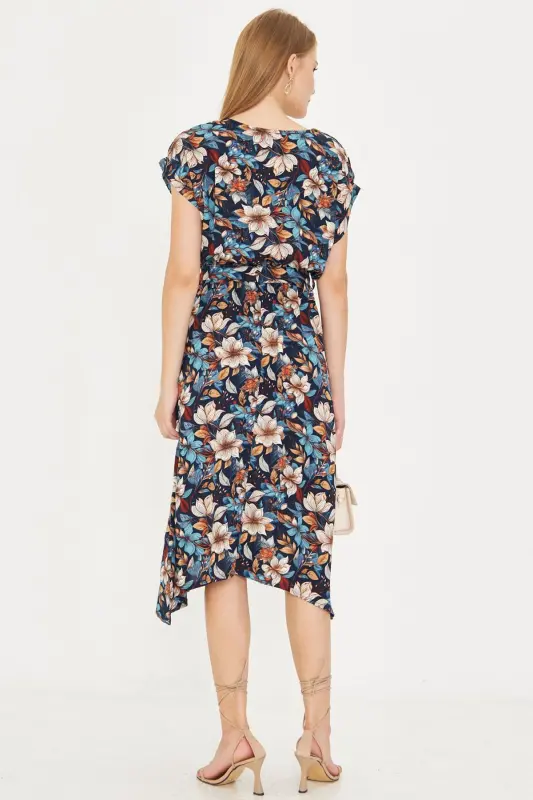 Women's Navy Floral Elastic Waist Tie Detailed Patterned Dress ARM-22Y001044-Navy Floral - 4
