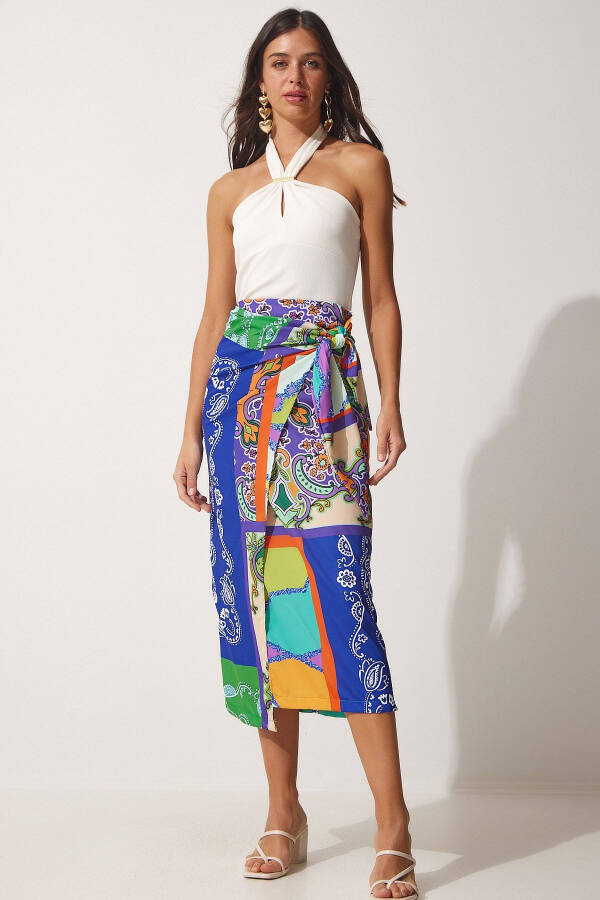 Women's Navy Green Patterned Satin-Surface Viscose Wrap Skirt ON00044 - 1