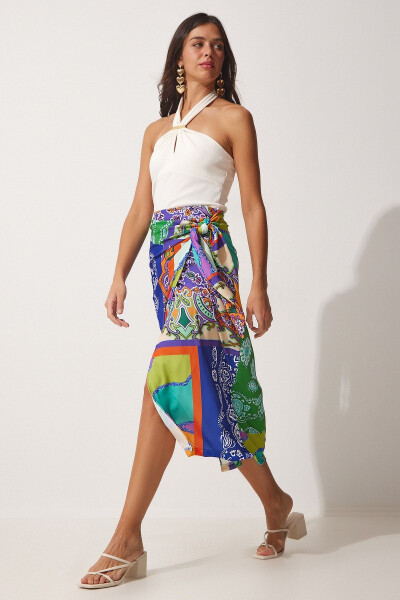 Women's Navy Green Patterned Satin-Surface Viscose Wrap Skirt ON00044 - HAPPINESS İSTANBUL (1)