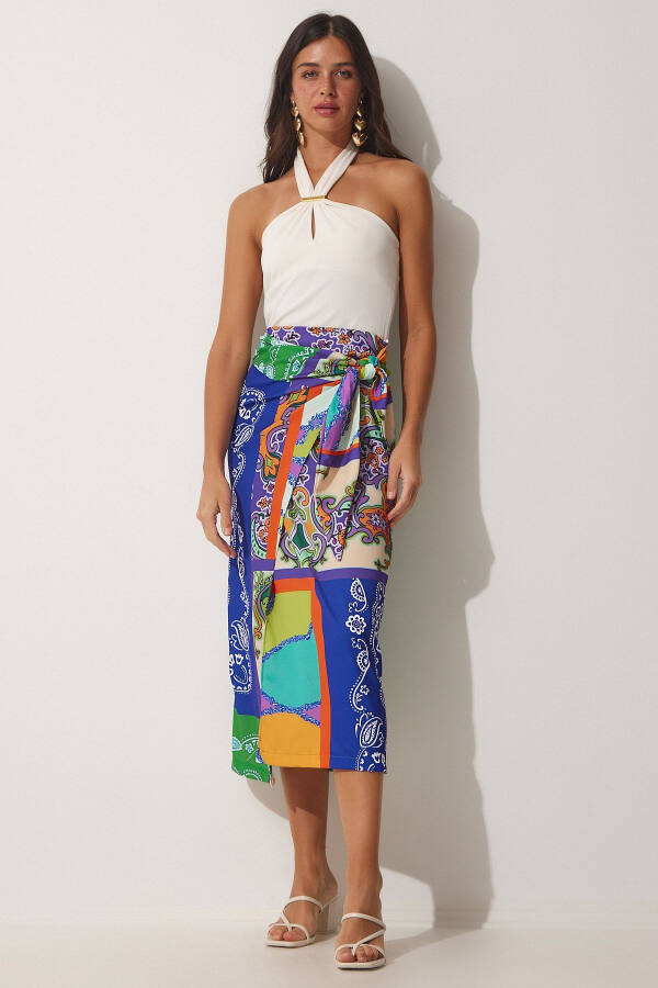 Women's Navy Green Patterned Satin-Surface Viscose Wrap Skirt ON00044 - 3