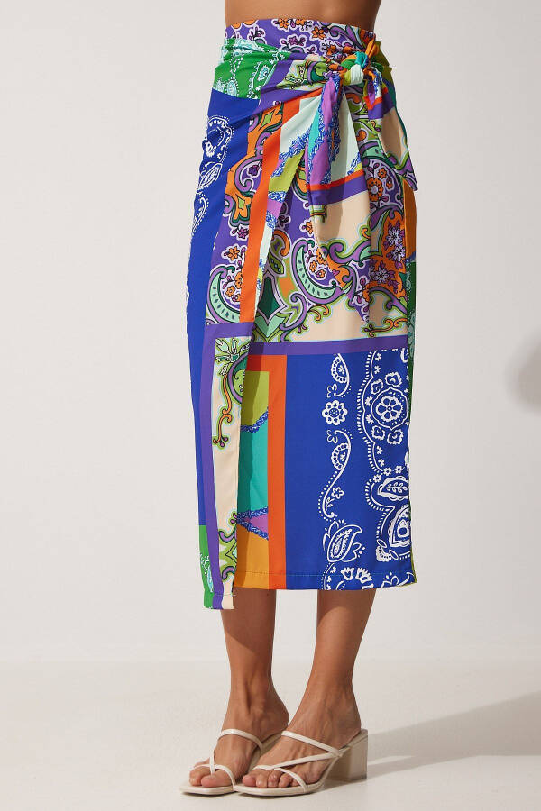 Women's Navy Green Patterned Satin-Surface Viscose Wrap Skirt ON00044 - 4