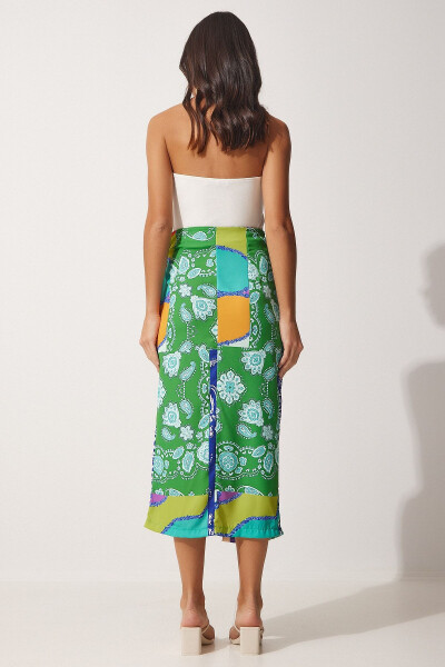 Women's Navy Green Patterned Satin-Surface Viscose Wrap Skirt ON00044 - 5