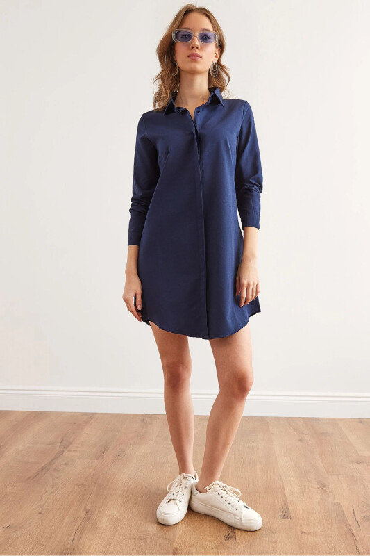 Women's Navy Hidden Placket Woven Mini Shirt Dress - 1