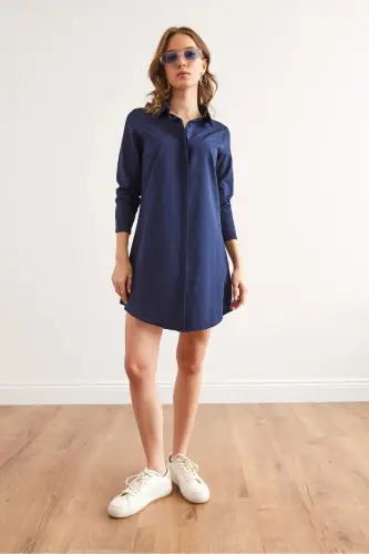 Women's Navy Hidden Placket Woven Mini Shirt Dress - OLALOOK (1)