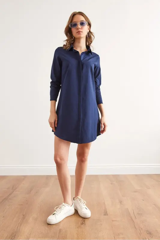 Women's Navy Hidden Placket Woven Mini Shirt Dress - 2