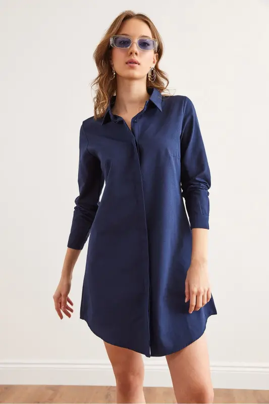 Women's Navy Hidden Placket Woven Mini Shirt Dress - 3
