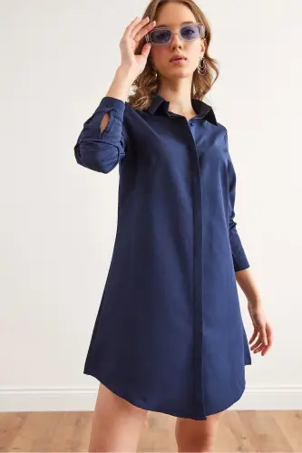Women's Navy Hidden Placket Woven Mini Shirt Dress - 4
