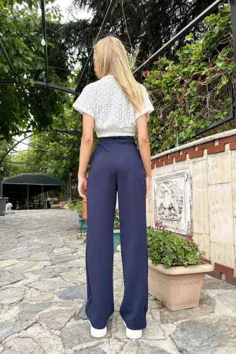 Women's Navy High Waist Double Pocket Pleated Velcro Closure Palazzo Pants ALC-X10753 - 4