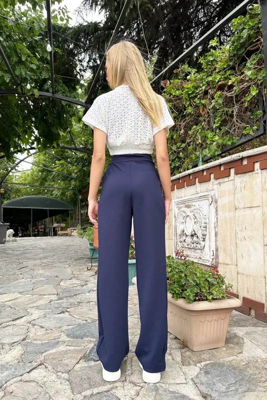 Women's Navy High Waist Double Pocket Pleated Velcro Closure Palazzo Pants ALC-X10753 - 4