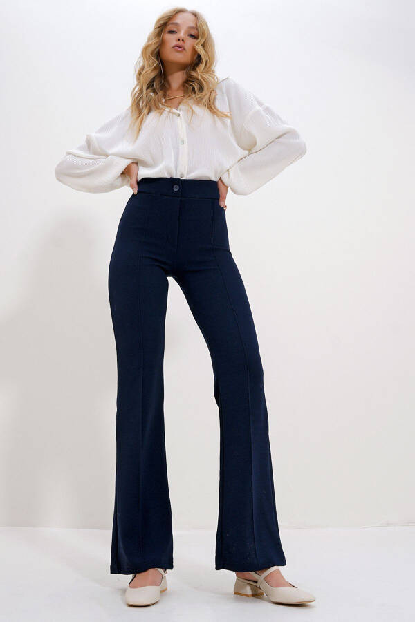 Women's Navy High Waist Pleated Wide Leg Lycra Pants ALC-X9979 - 1