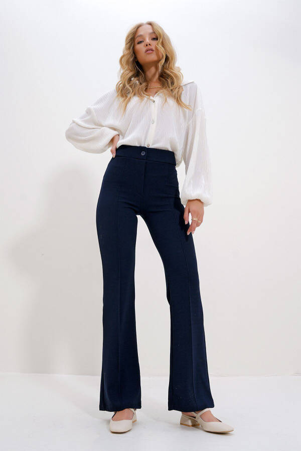 Women's Navy High Waist Pleated Wide Leg Lycra Pants ALC-X9979 - 4