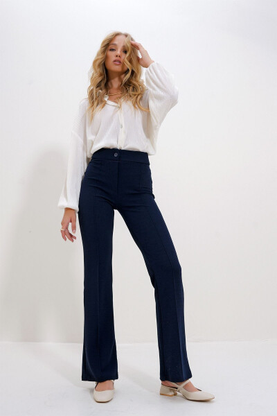 Women's Navy High Waist Pleated Wide Leg Lycra Pants ALC-X9979 - TREND ALAÇATI STILI (1)