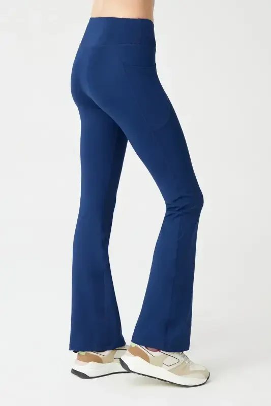 Women's Navy High Waist Shaping Double Pocket Spanish Leg Leggings Bootcut - 2