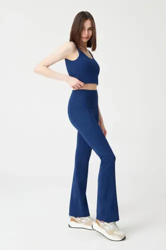 Women's Navy High Waist Shaping Double Pocket Spanish Leg Leggings Bootcut - 6