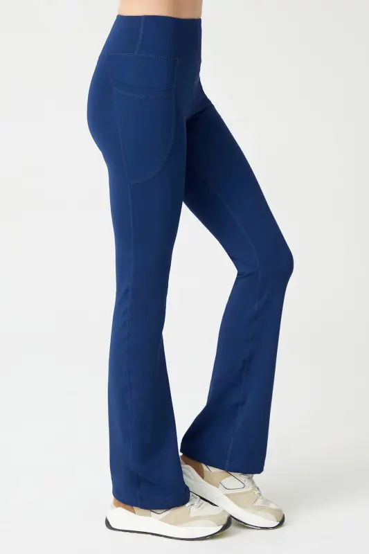 Women's Navy High Waist Shaping Double Pocket Spanish Leg Leggings Bootcut - 7