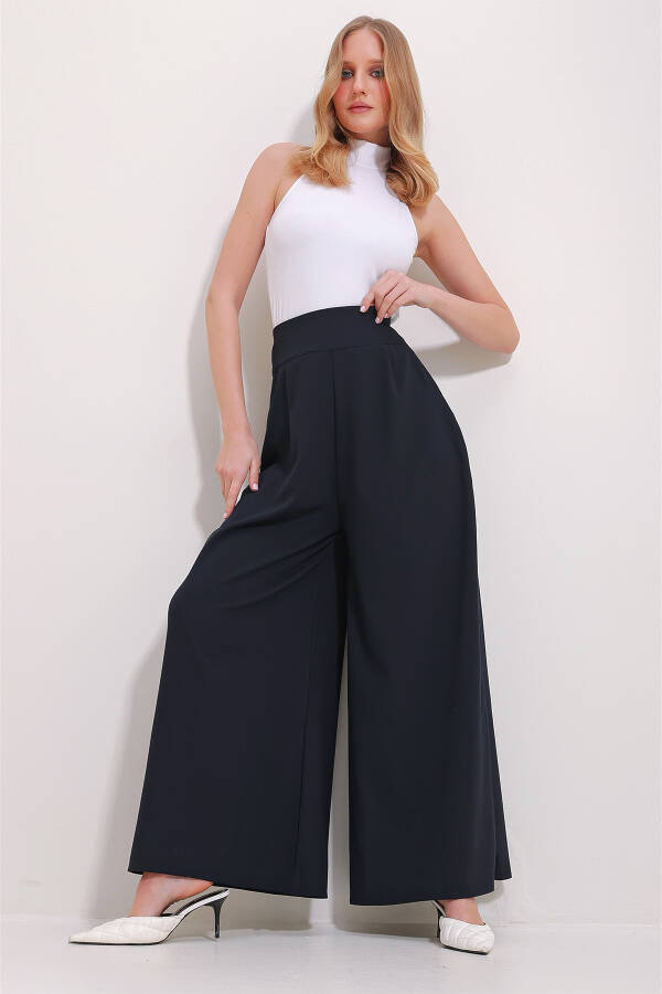 Women's Navy High Waist Side Zipper Wide Leg Woven Pants ALC-X11491 - 2