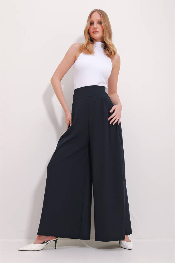 Women's Navy High Waist Side Zipper Wide Leg Woven Pants ALC-X11491 - 4