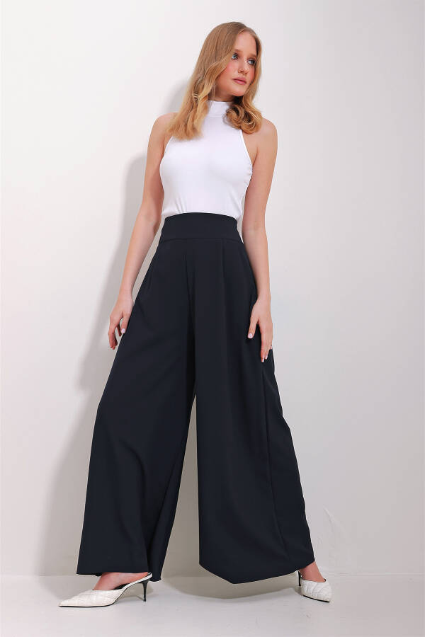 Women's Navy High Waist Side Zipper Wide Leg Woven Pants ALC-X11491 - 5