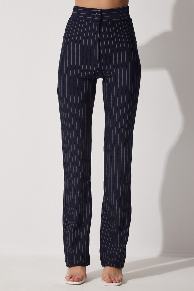Women's Navy High-Waisted Striped Trousers RV00094 - 4