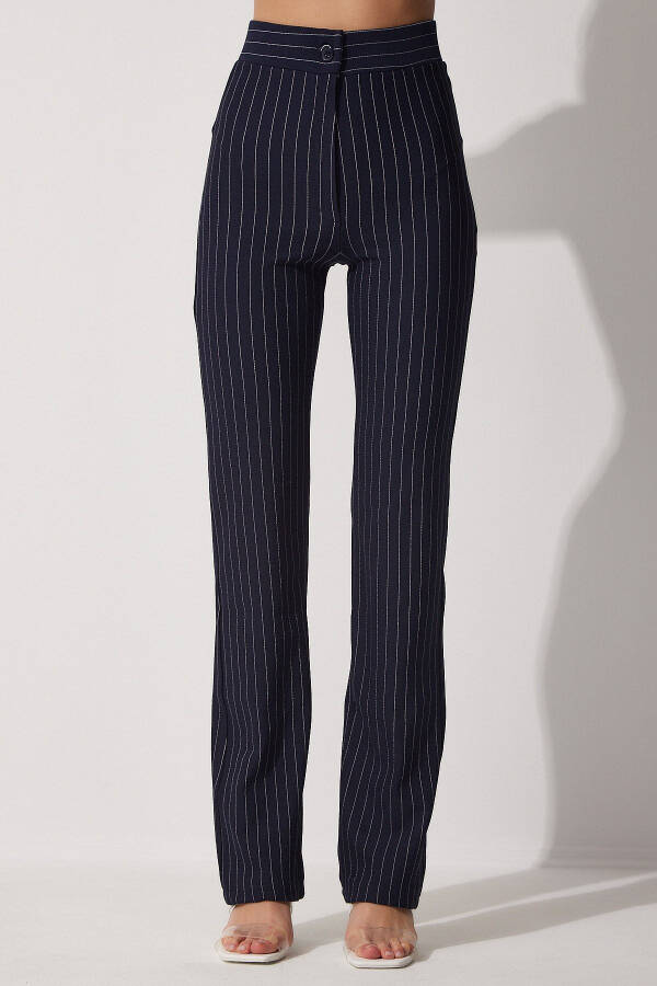 Women's Navy High-Waisted Striped Trousers RV00094 - 4
