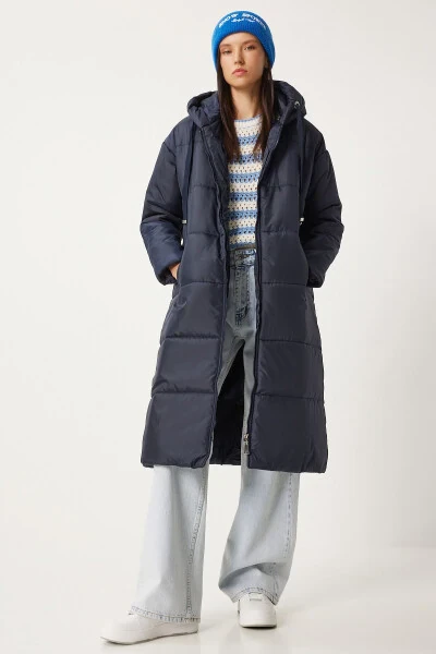 Women's Navy Hooded Long Padded Coat DD01006 - 1