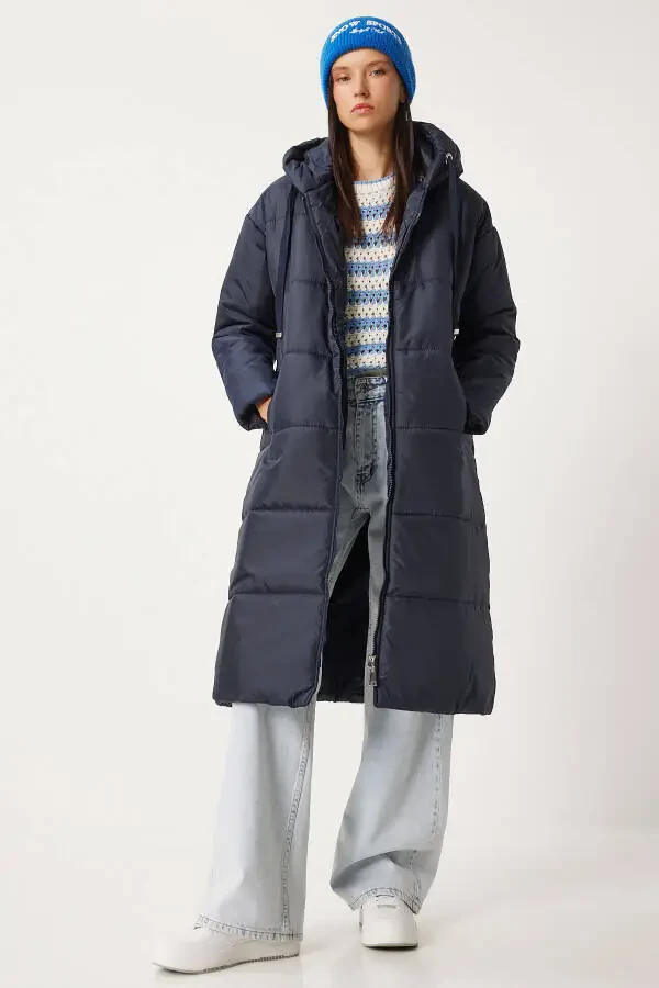 Women's Navy Hooded Long Padded Coat DD01006 - 1