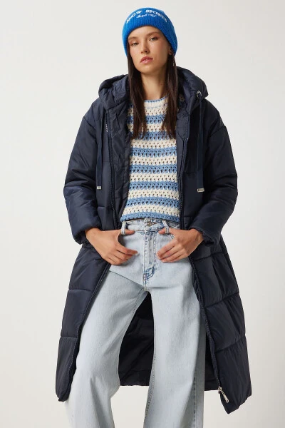 Women's Navy Hooded Long Padded Coat DD01006 - 2