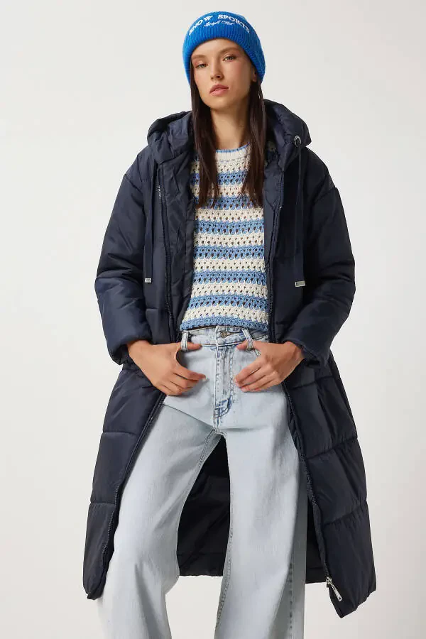 Women's Navy Hooded Long Padded Coat DD01006 - 2