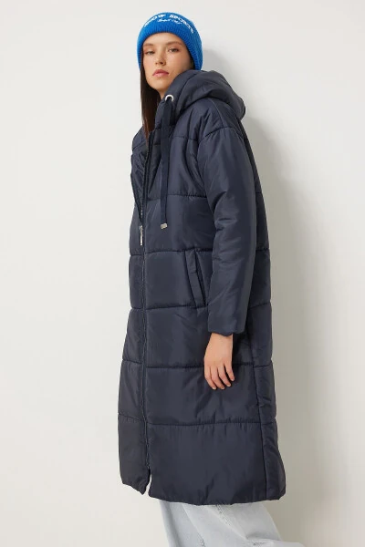 Women's Navy Hooded Long Padded Coat DD01006 - 3