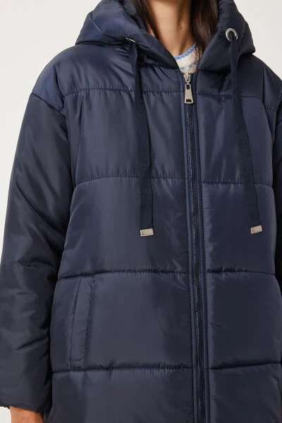 Women's Navy Hooded Long Padded Coat DD01006 - 5