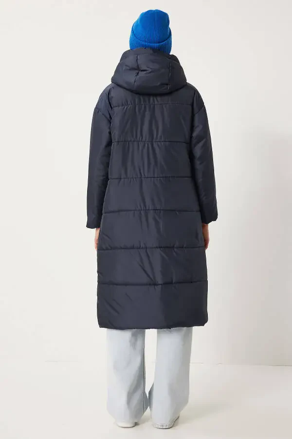Women's Navy Hooded Long Padded Coat DD01006 - 6