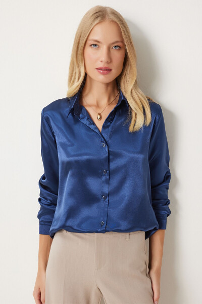 Women's Navy Lightweight Flowy Satin Shirt DD00990 