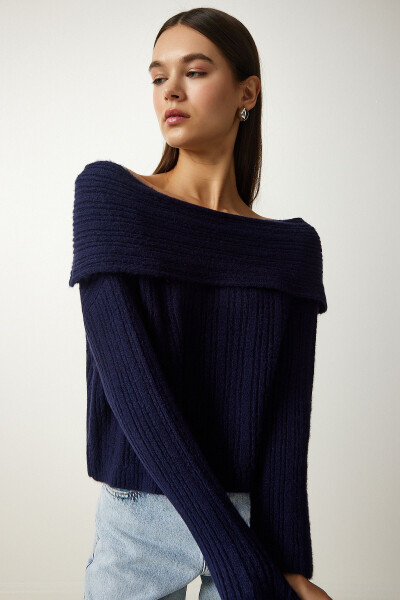 Women's Navy Madonna Collar Knit Sweater PF00049 - HAPPINESS İSTANBUL (1)