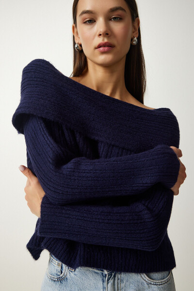 Women's Navy Madonna Collar Knit Sweater PF00049 - 3