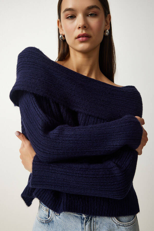 Women's Navy Madonna Collar Knit Sweater PF00049 - 3