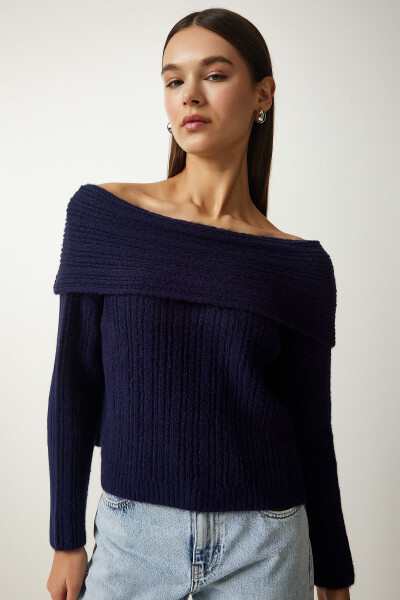 Women's Navy Madonna Collar Knit Sweater PF00049 - 4