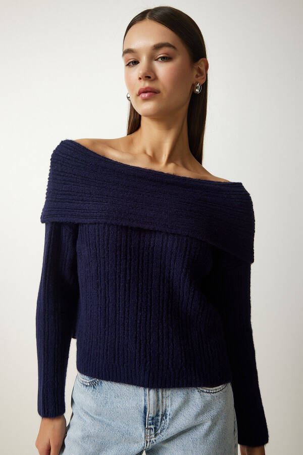 Women's Navy Madonna Collar Knit Sweater PF00049 - 4