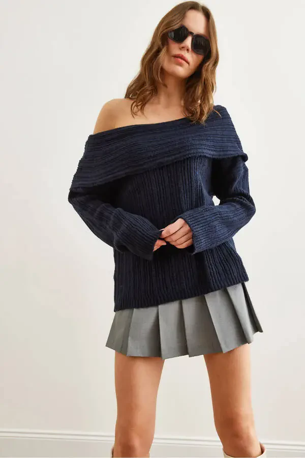 Women's Navy Madonna Collar Soft Textured Knit Sweater KZK-19000708 - 1