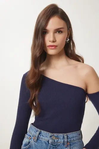 Women's Navy Off-Shoulder Ribbed Knit Blouse TG00011-Navy 