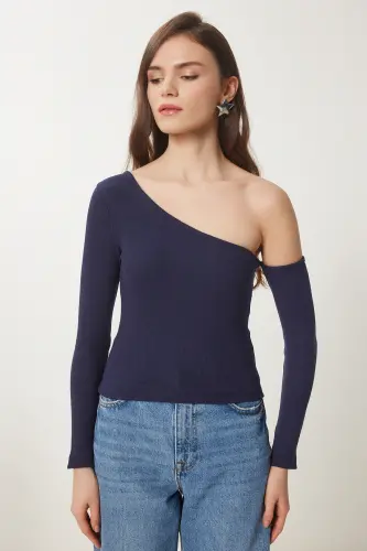 Women's Navy Off-Shoulder Ribbed Knit Blouse TG00011-Navy - 4