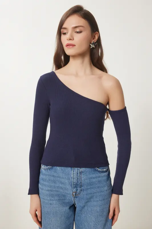 Women's Navy Off-Shoulder Ribbed Knit Blouse TG00011-Navy - 4