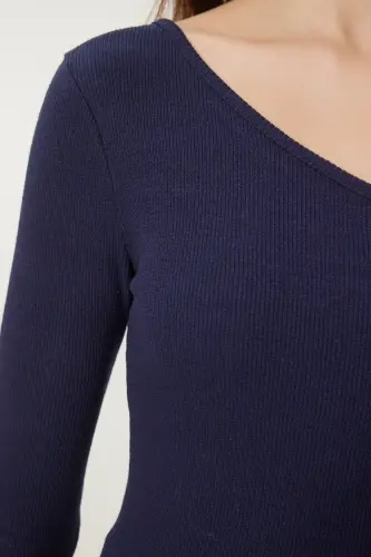 Women's Navy Off-Shoulder Ribbed Knit Blouse TG00011-Navy - 5